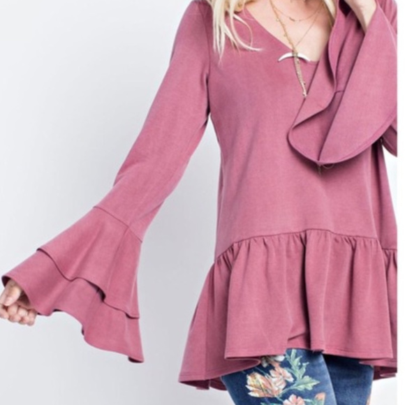 Boutique with Grace Tops - Washed French Terry Boho V-Neck Tunic w Ruffles